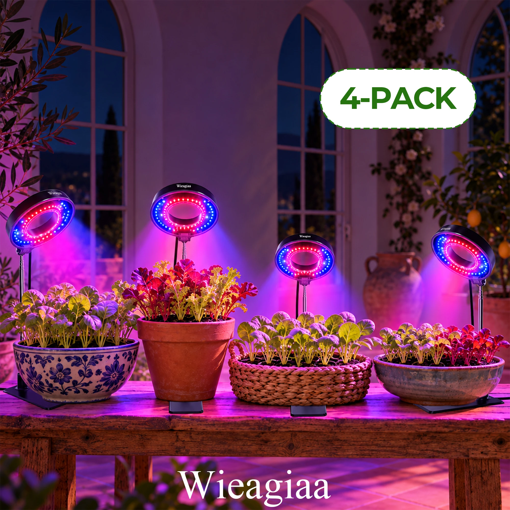 4 PCS Full Spectrum Grow Lights For Small Indoor Plants, 48 LEDs Halo Plant Lamps With 360° Rotating Heads, Adjustable Height, 3 Light Modes, 4 Brightness Levels, 3/9/12H Timer, Soil Stake/ Desktop Base/ Adhesive Mount For Office Desk Greenery