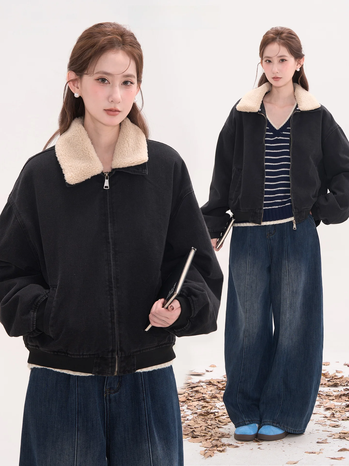 

Thiened Lamb Fur Collar Denim Jaet Women's Cotton Jaet Casual Sle Stand Version Long Sve Zipper Closure Coat
