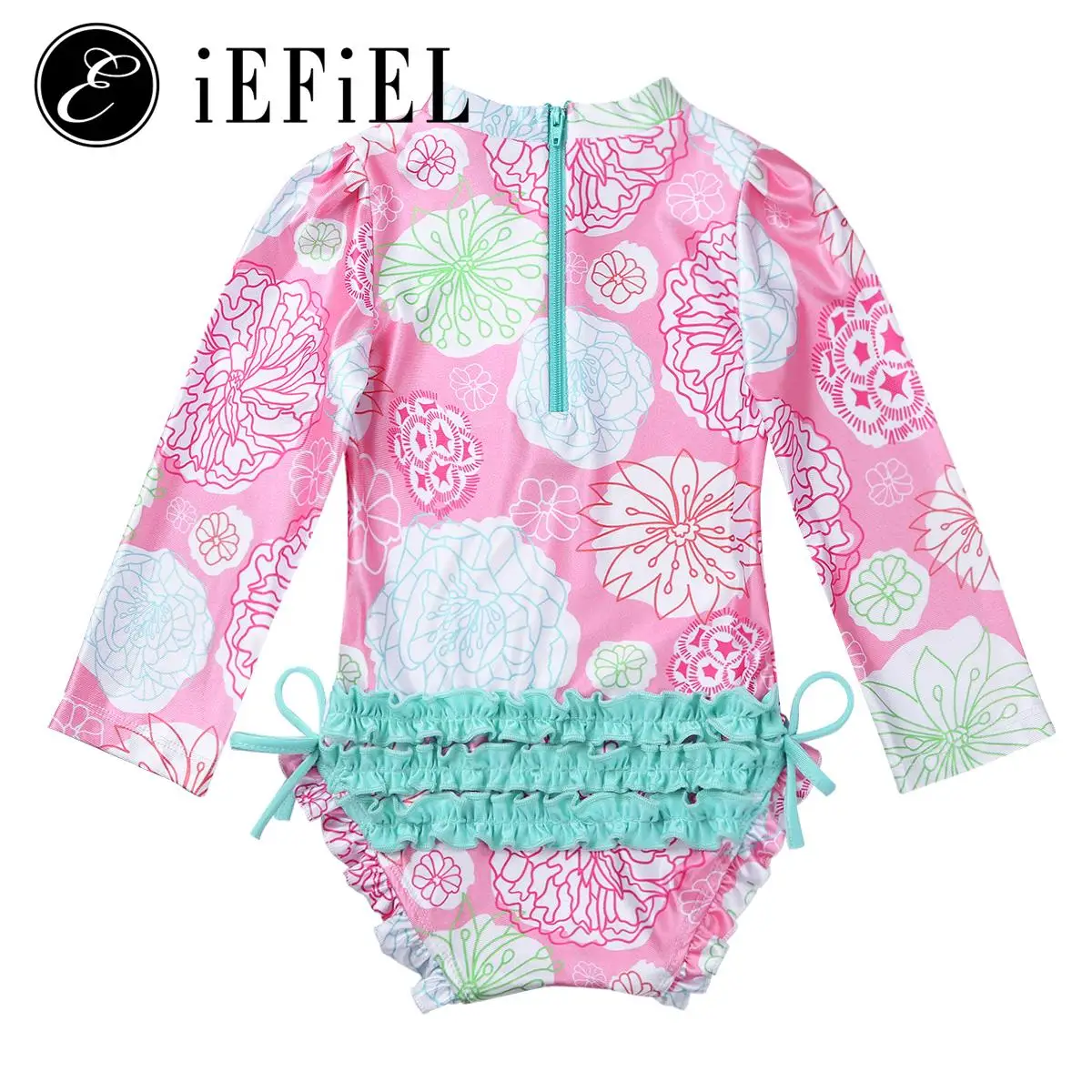 Baby Girls Floral Ruffles Long Sleeve Zip Back One Piece Romper Swimsuit Beach Sun Protective Swimwear Bathing Suit Sunsuits