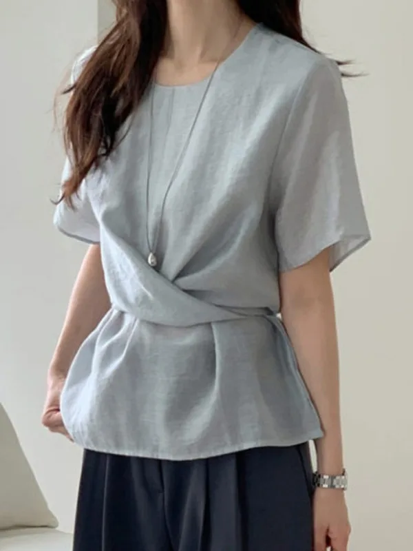 

Ele Sle Women's ort Sve irt Crossed Waist Slimming Top Design Sensation Summer New Faion round Ne Pure Color