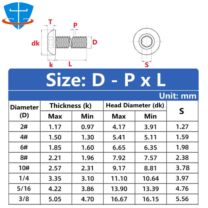 10pcs 1/4 3/8 5/16 2# 4# 6# 8# 10# 304 Stainless Steel Anglo American Round Pan Head Hexagon Socket Screw Button Head Allen Bolt