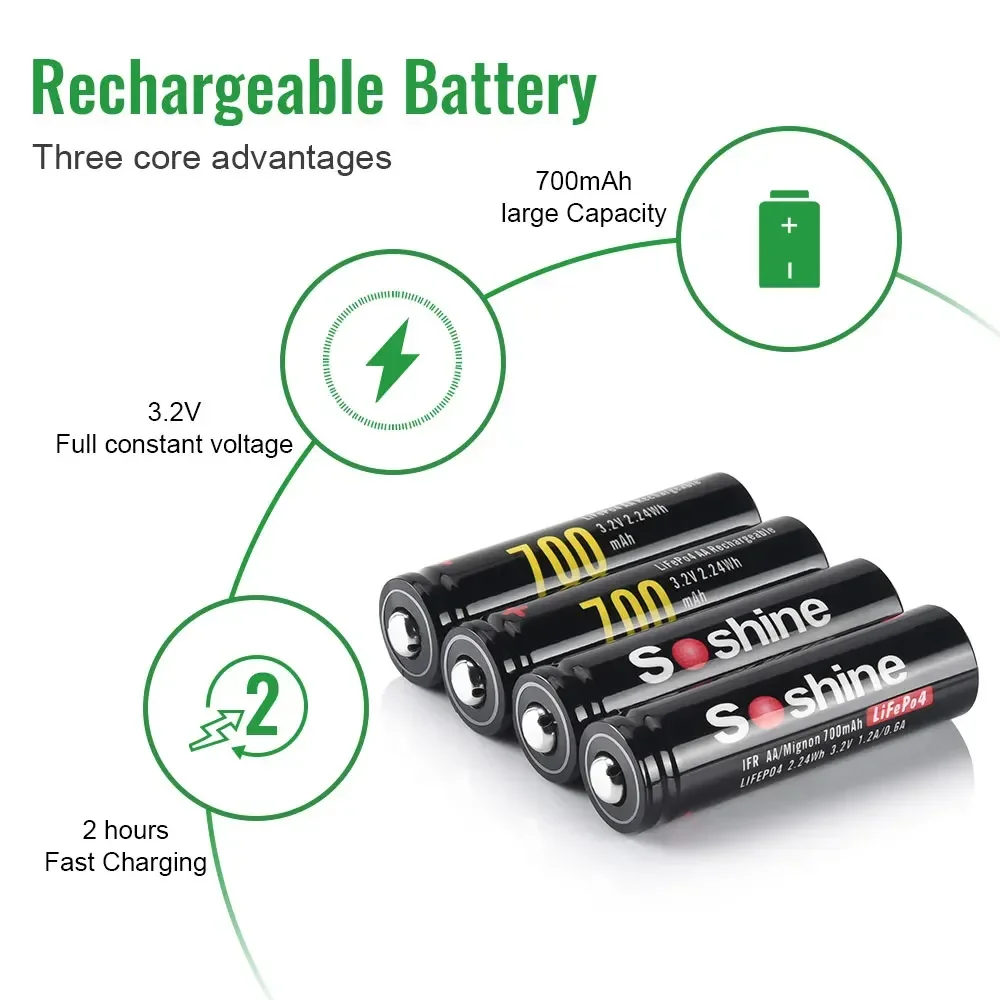 Soshine 3.2V 700mAh Rechargeable Battery AA 14500 LiFePO4 Battery 1000 Cycles Time for Wireless Mouse Electric Toy Flashlight