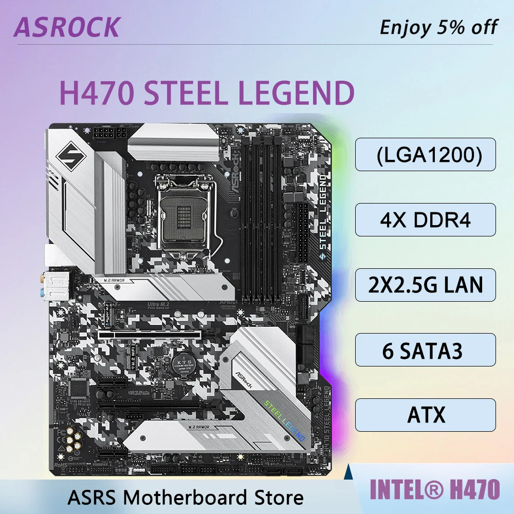 ASROCK H470 Steel Legend Motherboard DDR4 Intel H470 LGA1200 Support 10/11th Gen i5-10400F i5-10400 i7-10700F i9-10900K CPU M.2