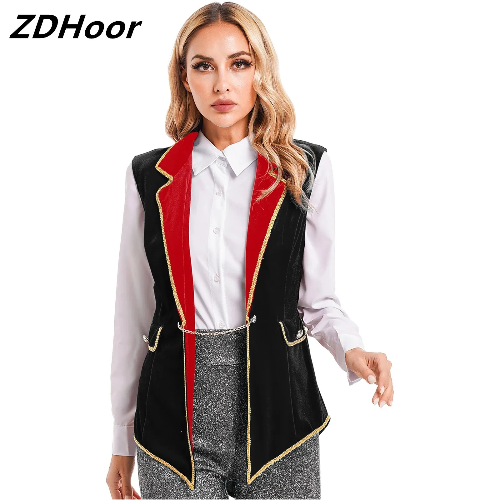 

Womens Circus Ringmaster Velvet Jacket Tops Halloween Cosplay Costume Lapel Sleeveless Tailcoat