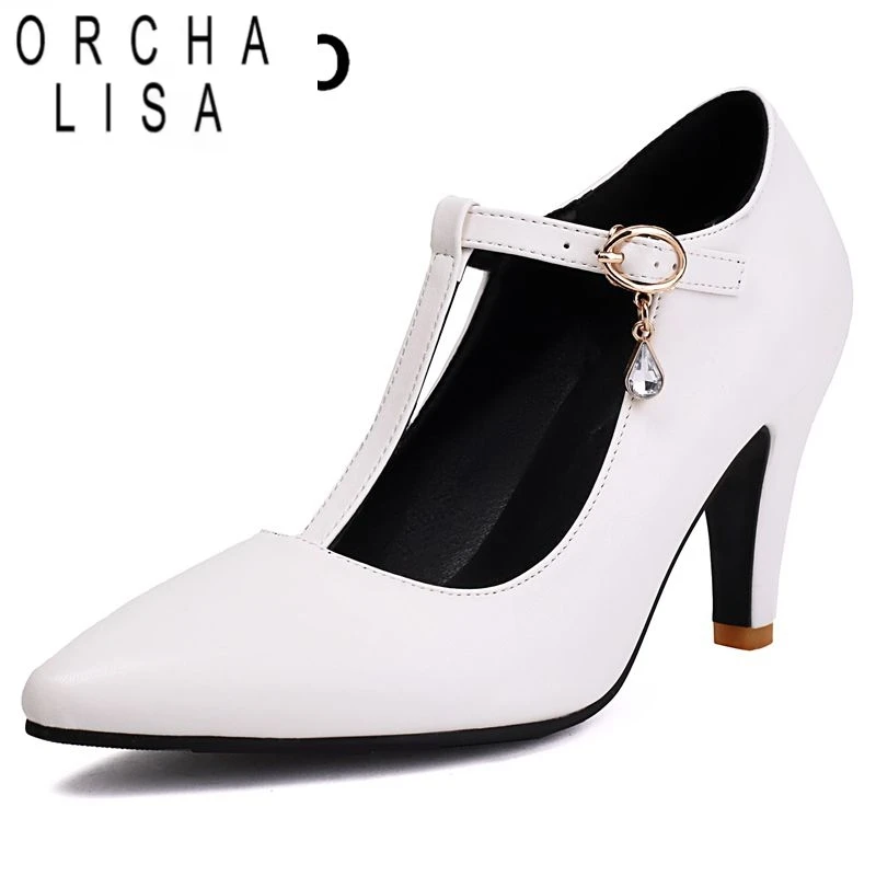 

ORCHA LISA 2025 Сексуальные модные туфли-лодочки для женщин с острым носком на тонком каблуке 8,5 см с пряжкой и Т-образным ремешком Большие размеры 44 45 46 Туфли для вечеринок и свиданий