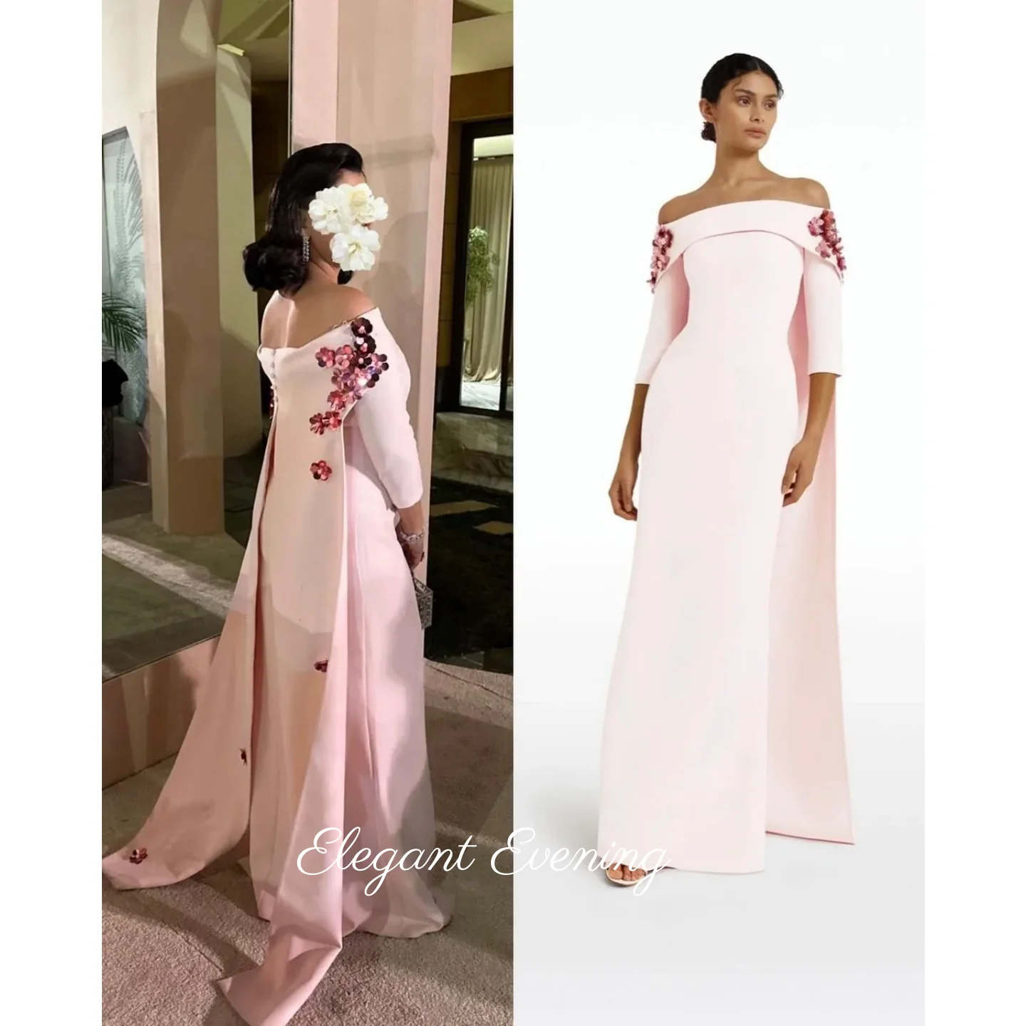 

Pink Flowers Prom Dresses Sequins Customized Long Sleeves Evening Dresses Off Shoulder Floor Length Formal Party Dresses 2026