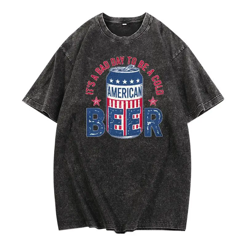 

Funny American Beer Graphic Tee – Washed Black Oversized T-Shirt for Men, Summer BBQ Drinking Party Casual Top