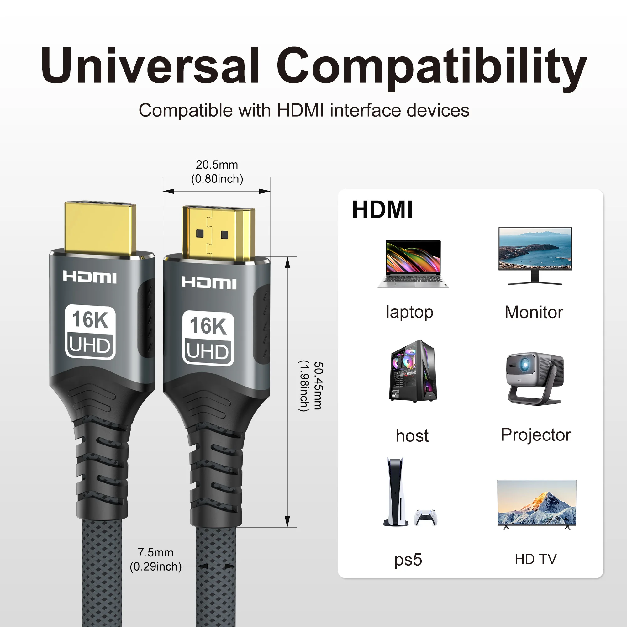 16K 10K 8K HDMI 2.2 Kabel 96Gbps HDMI Geflochtenes Kabel Unterstützt 4K@240Hz 8K@120Hz, HDCP 2.2&2.3 Dynamic HDR eARC für Roku TV/HDTV/PS5 – Detail 12