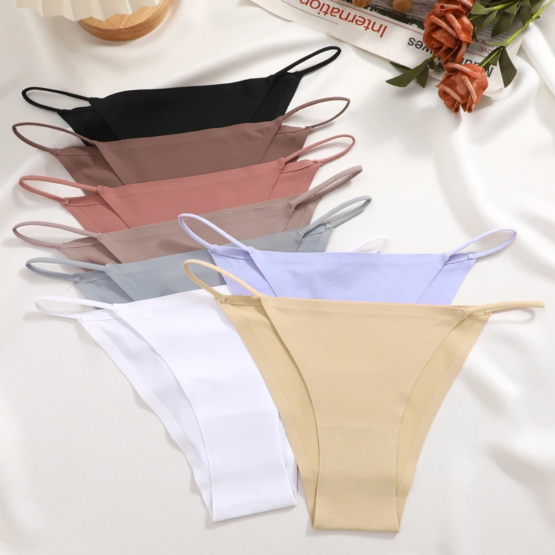 FINETOO 4Pcs/set Sexy Ice Silk Underwear for Women Seamless Briefs Panties Female Soild Thin Strap Lingerie Breathable Intimates