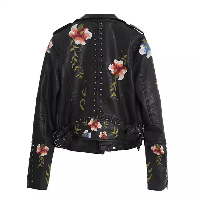 2025 women's spring new, embroidered rivet PU leather jacket