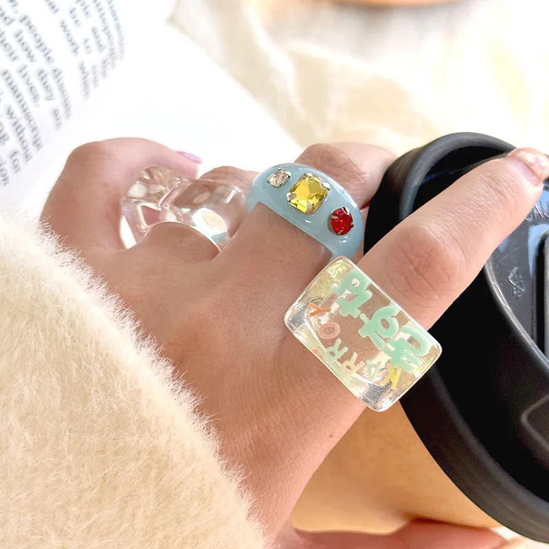 Resin-Smudged Square Geometry Ring Small Fresh Frosted Blue Diamond Ring