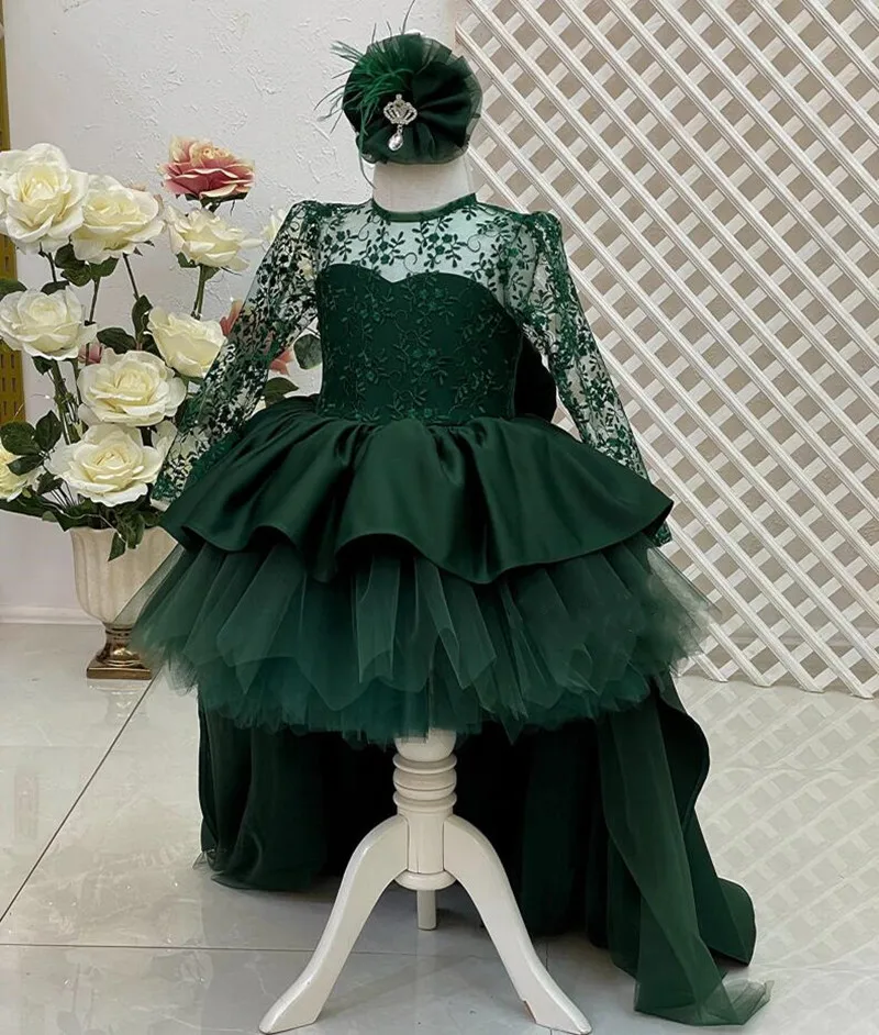 Robes de demoiselle d'honneur vert émeraude pour filles, robe de reconstitution historique en dentelle brodée, robe de Rhd'anniversaire, quel que soit le grand nœud, mariage