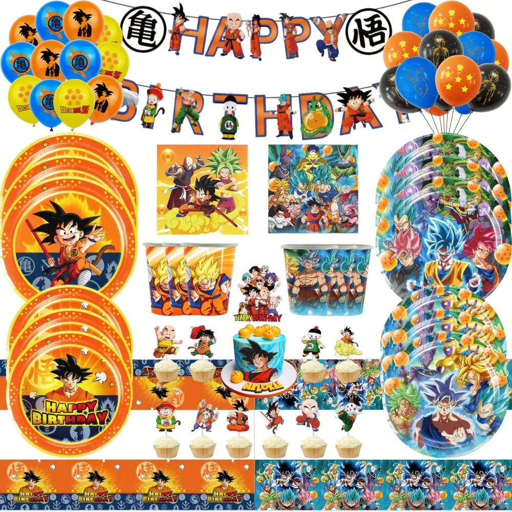 Vaisselle de fête à thème Dragon Ball, assiettes en papier, gobelets, serviettes, nappe, sac cadeau, décorations de ballons, fournitures de fête d'anniversaire pour enfants
