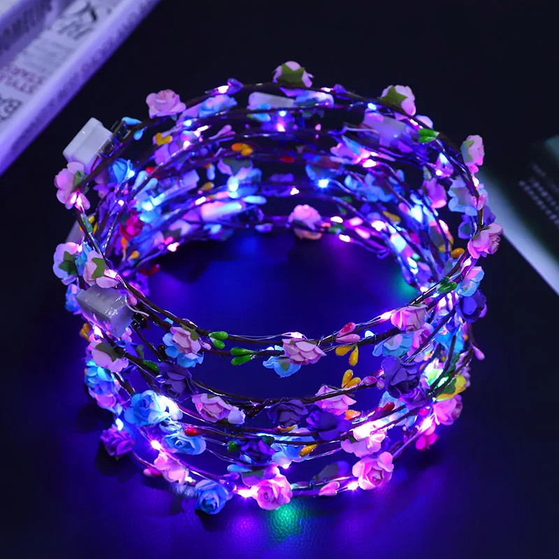 Corona de flores LED para el cabello, diadema luminosa, suministros para fiestas de cumpleaños y bodas, 15/30 piezas