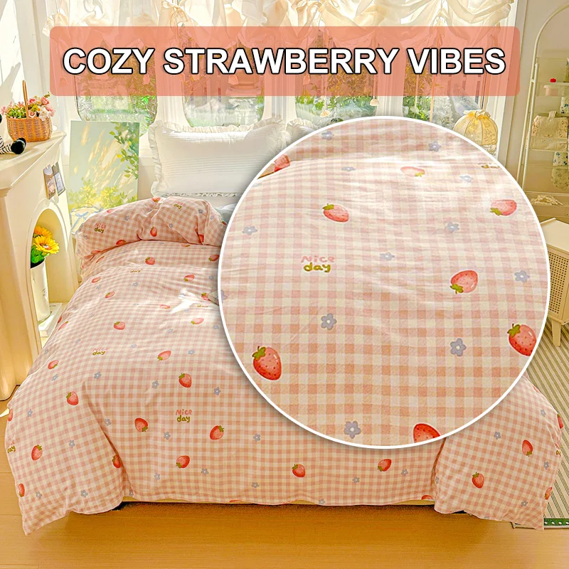 

Duvet Cover 100% Cotton Korean Style Strawberry Plaid Bedding Girls 220x240cm Double Bed Cover Soft Breathable No Filling