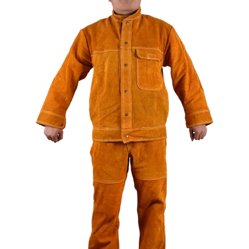 1-セット牛革溶接スーツ作業服特別な保護服抗火傷革安全溶接機、トップスとパンツ