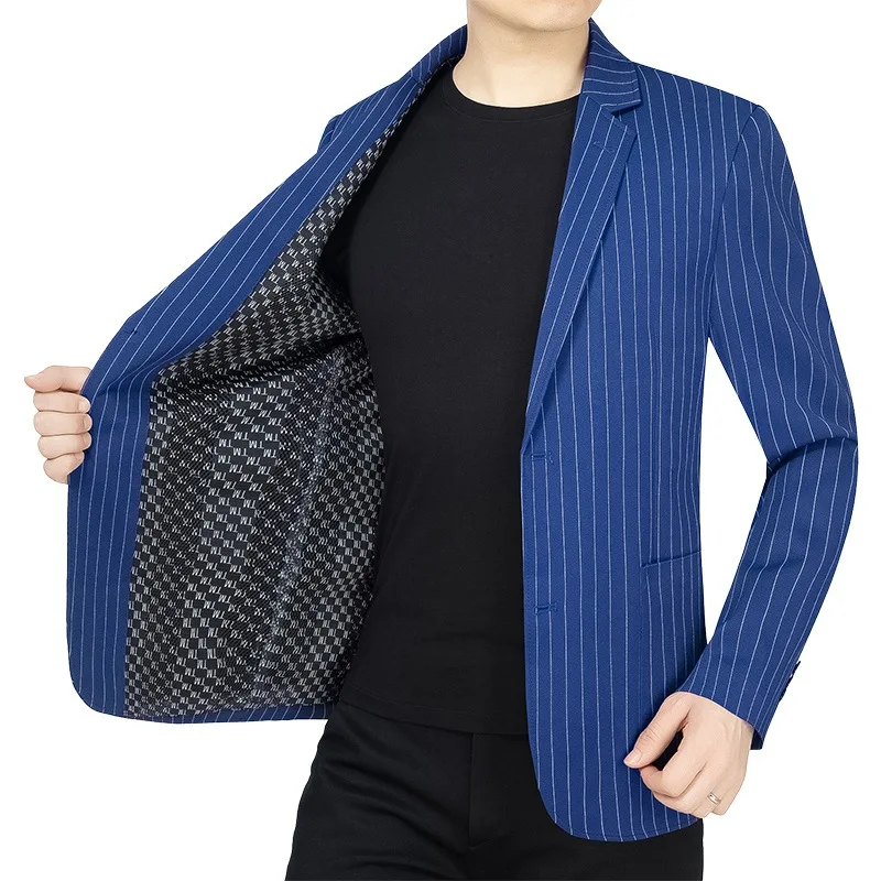

Spring Autumn Men Blazer Thin Striped Turn Down Collar Male Suit Coat Breathable Long Sleeve Pocket Versatile Man Outerwear
