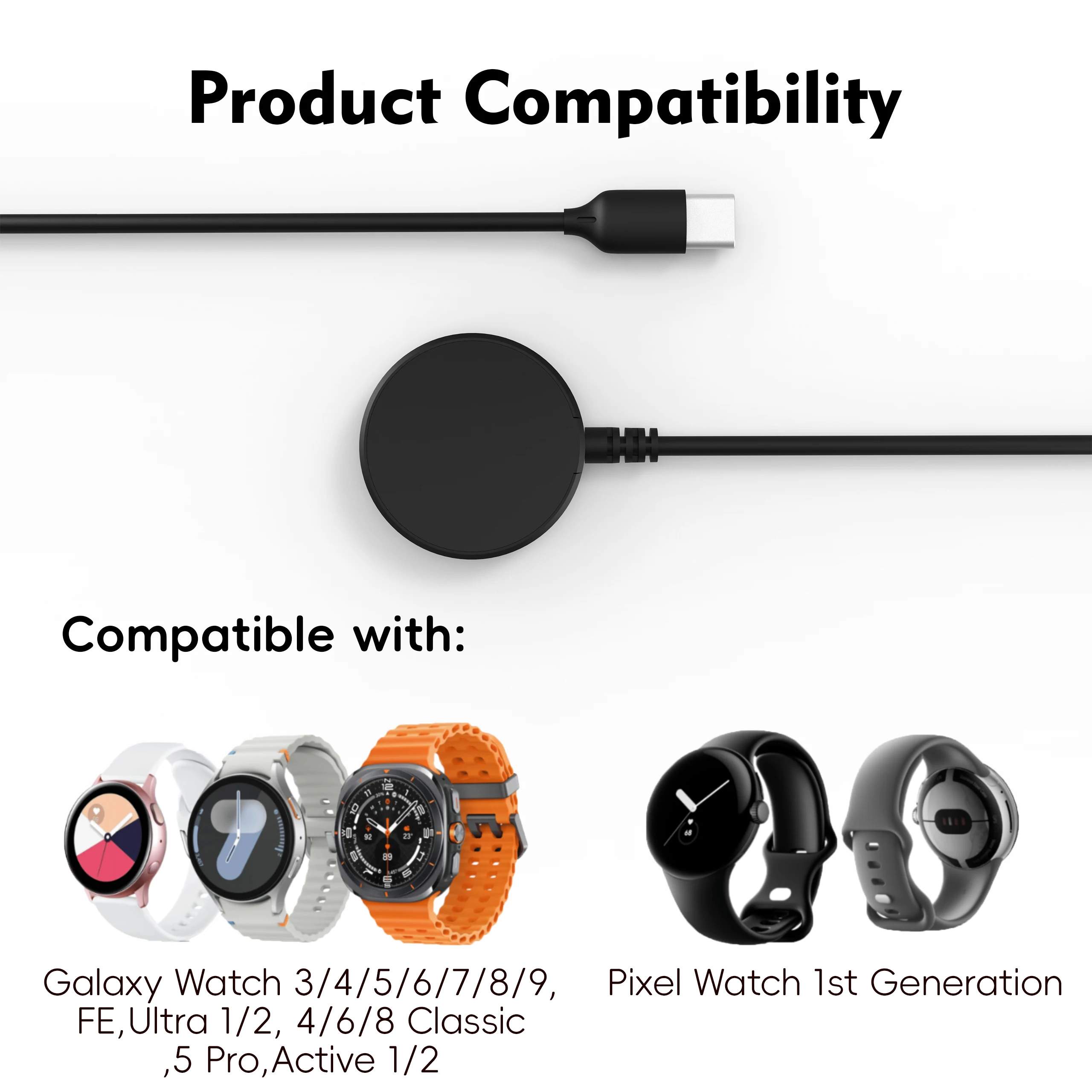 Wireless Charger Galaxy Watch Charger for Galaxy Watch 3/4/5/6/7/8/9, FE, Ultra1/2, 4/6/8 Classic.5 Pro, Active 1/2 USB-A USB-C