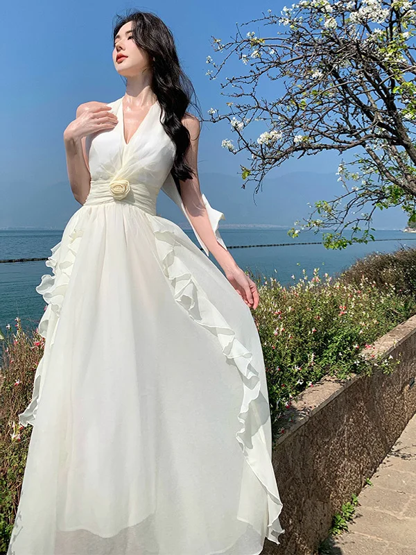 

Summer Beautiful Beach Vacation Style Floral Neck Hanging Long Skirt Women's Fairy Skirt Thin Gauze Elegant Dress