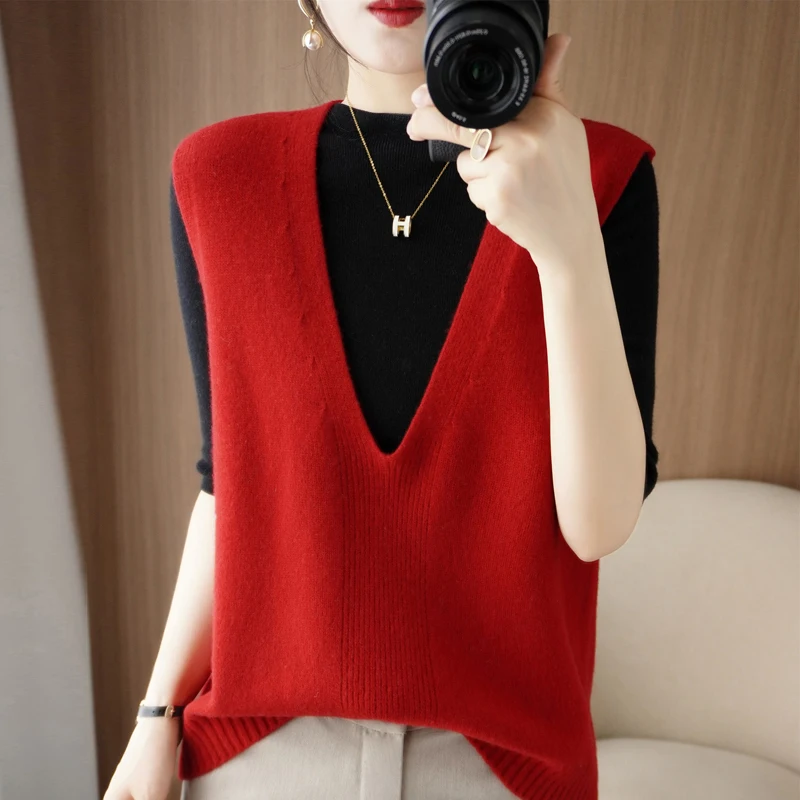 Spring And Summer Cashmere Knitted Vest Women\'s V-Neck Sleeveless Pullover Fashion Loose And Thin Solid Color Outer Wear GH2219