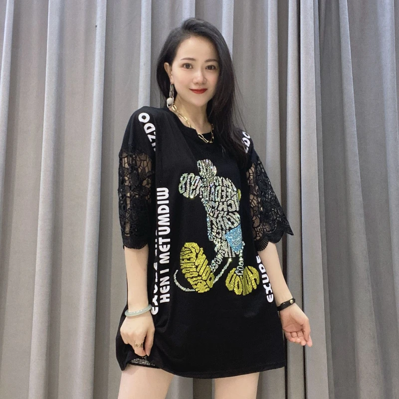 

2024 New Summer Mid-long Women Oversize Top O-neck Hollow Out Lace Splicing Half-sleeve Shiny Hot Drilling Pullover T-shirt