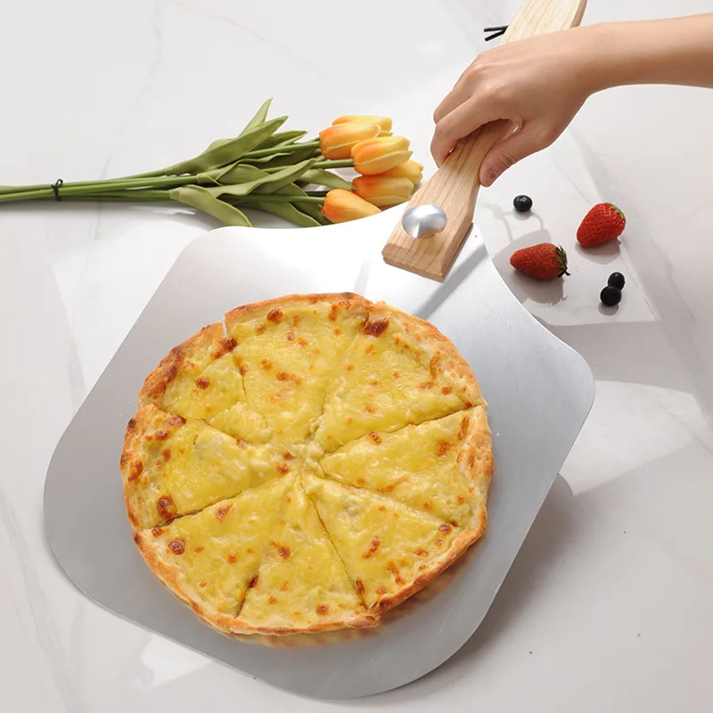 Detachable collapsible aluminum pizza spatula Cake transfer Pizza crust plate baking tool with wooden handle