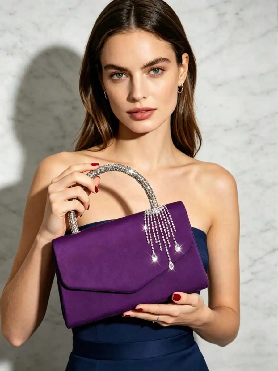 

Elegant Purple Satin Evening Clutch With Rhinestone Handle And Crystal Tassel