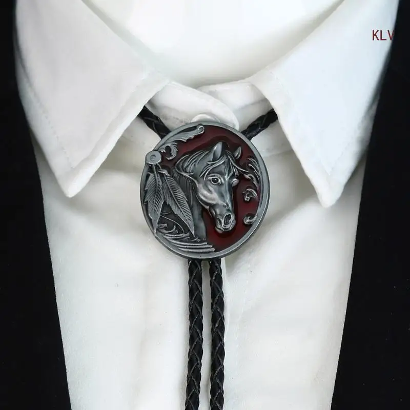 

Mens Bolo Tie Necktie Faux Leather Braided Rope Necklace with Metal Horse Head Pendant Jewelry Cowboy Hat Accessories