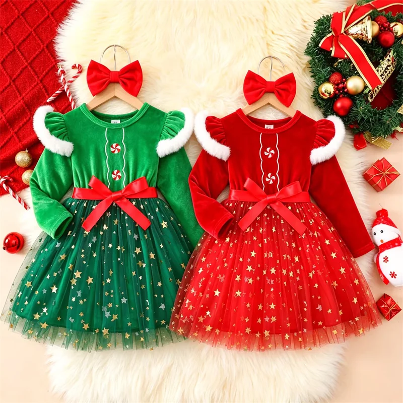 2026 Kids Christmas Day Soft Dresses Children Comfortable Winter Warm Fleece Skirt Girls Fashion Long Sleeve Thermal Mesh Dress