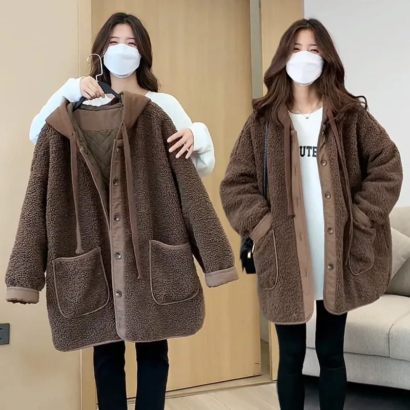 

Thickened hooded lamb plush jacket with cotton women's 2025 autumn and winter new mid to long fleece baseball jacket
