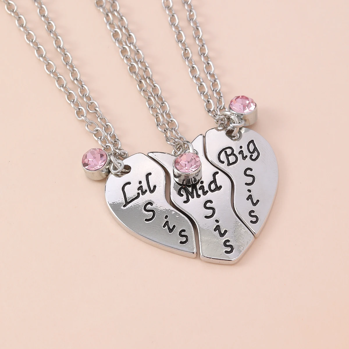 Family Love Jewelry Big Mid Lil Sis Puzzle Heart Pendant Necklace With Pink Crystal Charm Choker For Best Sister Sibling Gift