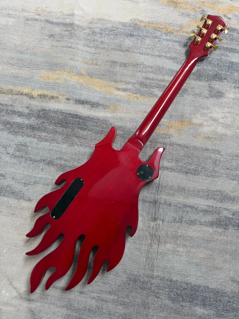 Unique Flame‑Shaped Solid Body Electric Guitar, Red Burl Wood Finish, Gold Hardware, Dual Humbuckers