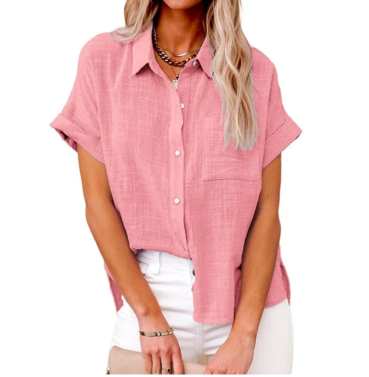 Women Pure Color Linen Shirt Short Sleeve Casual Loose Fit Blouse Fresh Sweet Style Polyester Fabric Available In Multiple Sizes