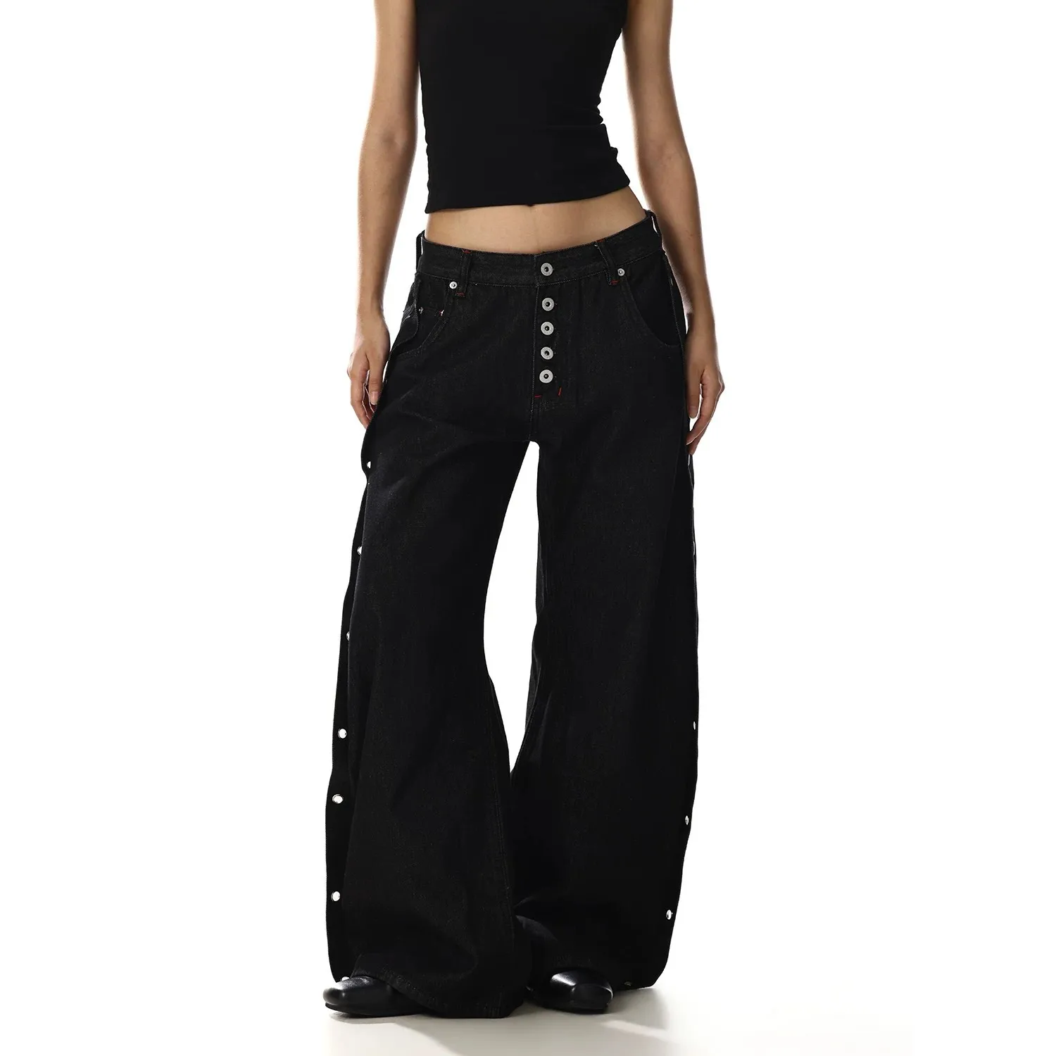 YJKDYK Women's Black Gothic Style Cargo Jeans Pants Y2K Harajuku High Street Aesthetic Vintage Wide Leg Denim Trousers Clothing