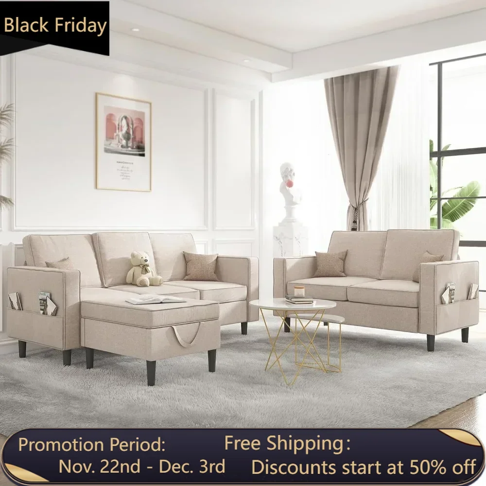 3 Pcs Sofa Set with Storage Ottoman, Living Room Set Has 8 Side Pockets, Living Room Set Includes 3-Seater + Ottoman + Loveseat