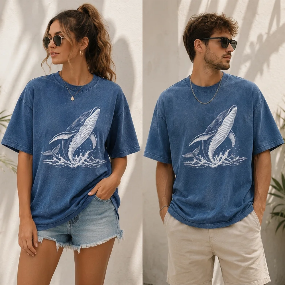 Unisex T Shirt Vintage Whale Graphic Cotton Short Sleeve Blue Washed Retro Oversized Couple Clothing Loose Casual Tops Tees