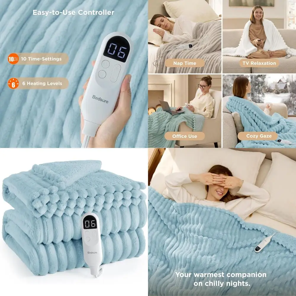 

Полноразмерное фланелевое электрическое одеяло в толстую полоску с 6 уровнями нагрева, 10 таймеров, автоматическим выключением на 8 часов, идеальный подарок для бабушки (72x84 i