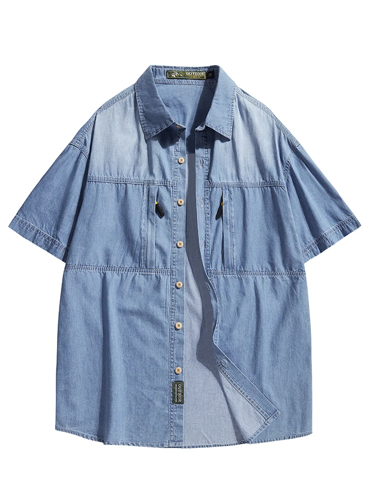 

Vintage Waed Denim ort Sve irt Men's Loose Fit Summer Casual Outerwear Breathable Cotton Polyester Blend Youth Faion