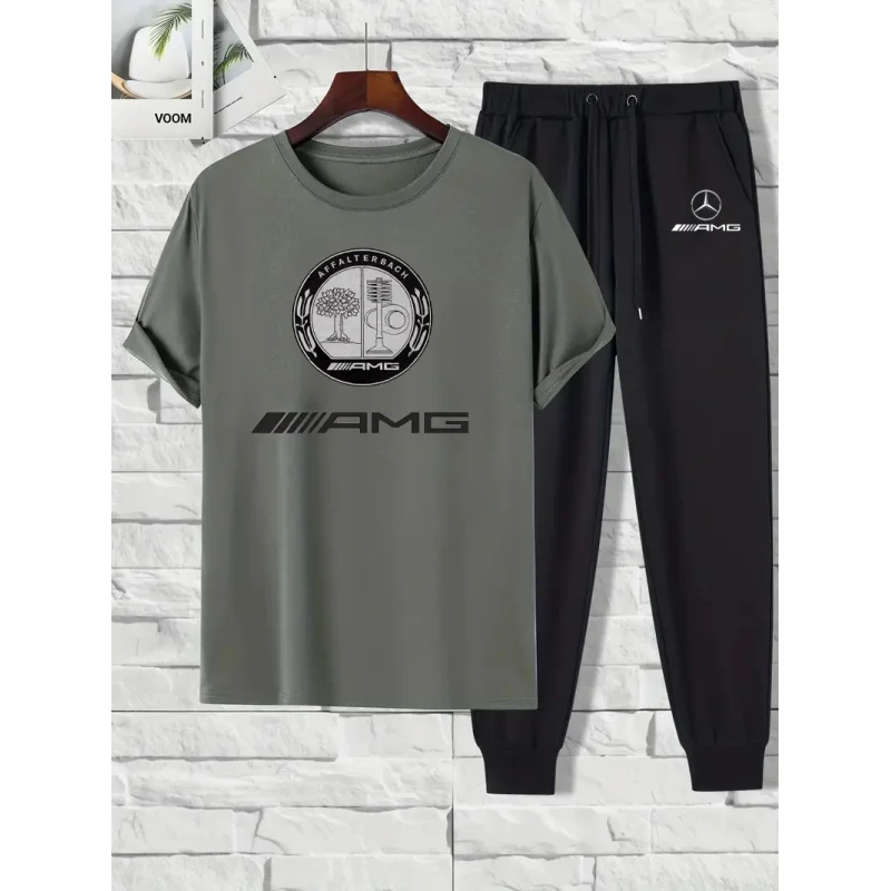 طقم مرسيدس بنز الجديد لعام 2025 للربيع والصيف، طقم قميص وسروال طويل مكون من قطعتين، كاجوال وعصري