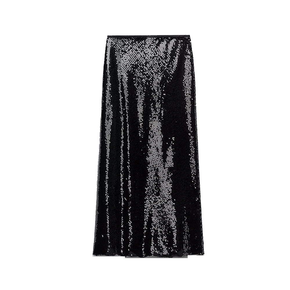 TRAFZA 2024 Women Sexy Sequined Long Skirt Elastic Waist Midi Skirt Black Slim Solid Long Skirt Sexy Sheath Mujer Faldas