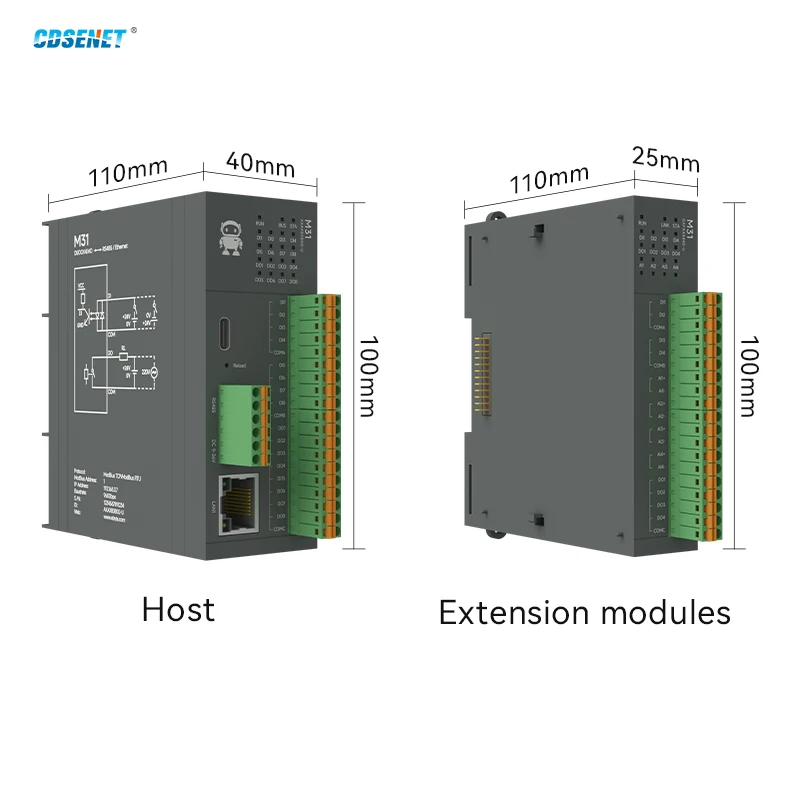 Distributed Remote IO Module Switch Analog Input/Ouput Modbus TCP RTUCDSENET M31-U Series RJ45 RS485 Guide Rail Installation