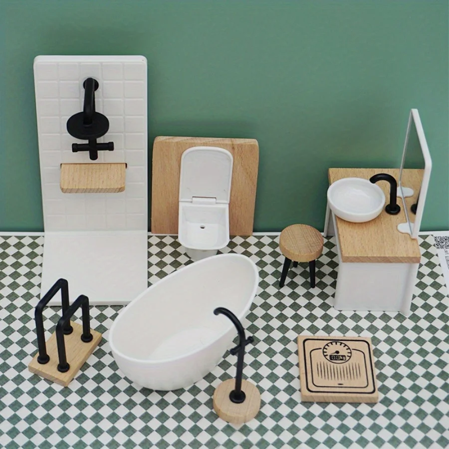 1PC Bathroom Scene Model - Simulate Mini Home, Wooden Furniture Shower Room, Sink, Toilet, Bathtub, Etc., Shooting Props
