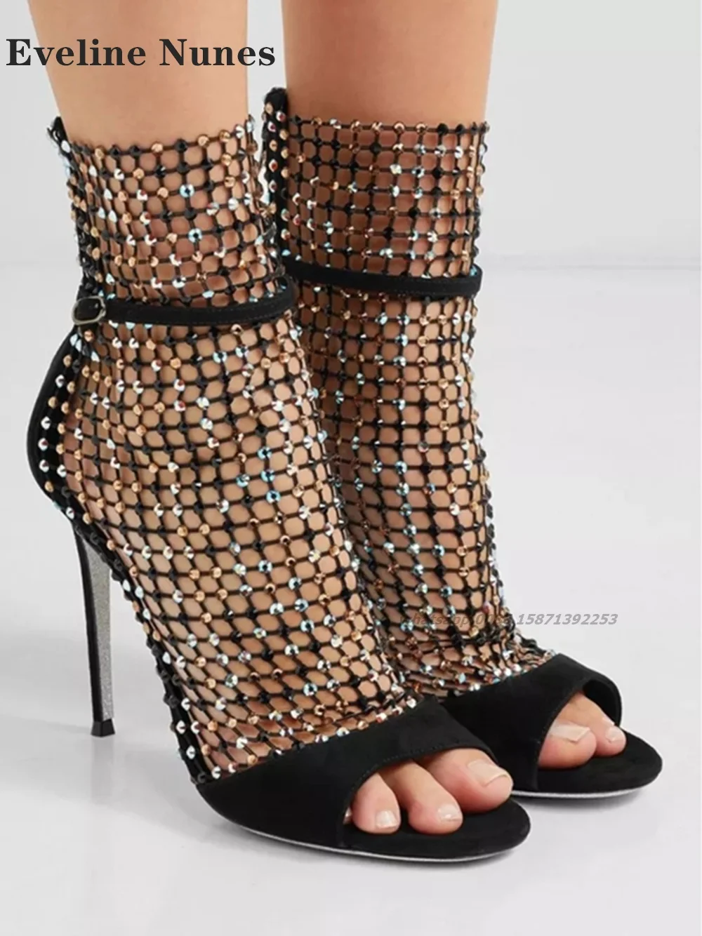 

Rhinestone Mesh Hollow Zip Sandals Peep Toe Stiletto One Word Buckle Cover Heel Gladiator Side Air Patchwork Shiny Sexy Heels