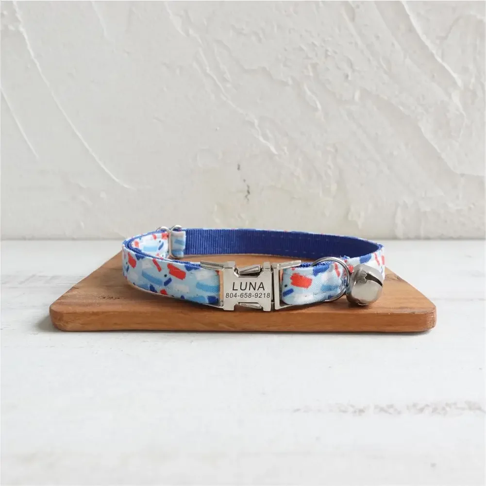 

Персонализированный ошейник для кошек, индивидуальные контакты с идентификационным именем, металлическая пряжка, регулируемые бархатные ошейники для кошек с рисунком конфет и колокольчиком