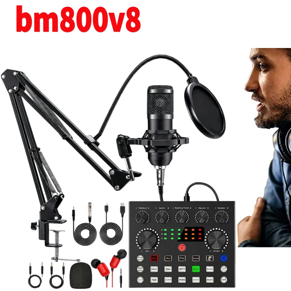 BM800 Condenser Microphone V8 Sound Card Set Podcast Equipment Bundle Audio Mixer for Recording Broadcasting Live Streaming