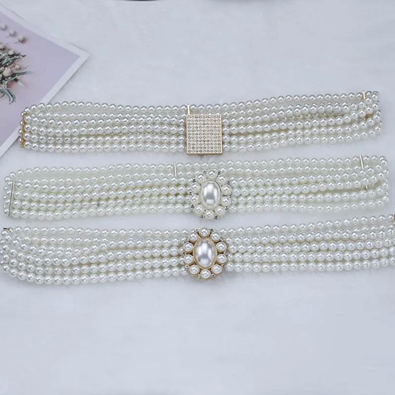 Fashionable White Four-Row Pearl Women’s Belt Gentle Elegant and Feminine Style with Diamond-Studded Stretch Beaded Waistband