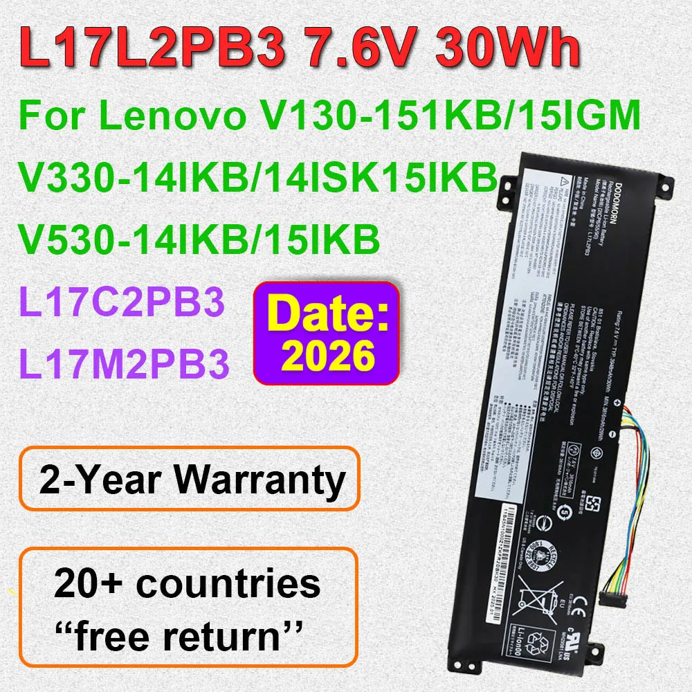 DODOMORN L17L2PB3 L17M2PB3 L17C2PB3 For V530/V330-15IKB 14IKB 15ISK 14ISK V130-15IKB 15IGM Series Laptop Battery 7.6V 30Wh OEM