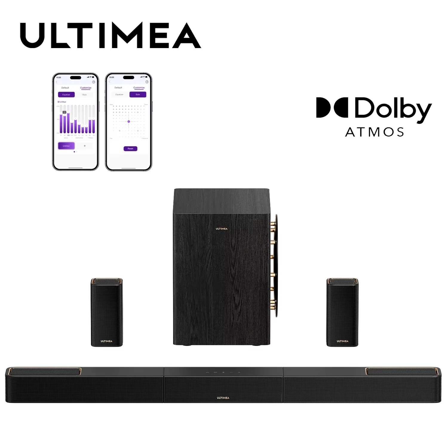 

Ultimea 5.1.4ch 760W Dolby Atmos Sound Bar Sys: 2 Wireless Surround & 8" Sub for Deep Bass, 4K HDR Passthrough, APP Control