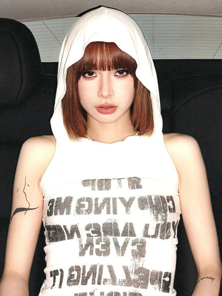 

American street trend letter printed women's hooded vest summer women's sports casual top Y2K Harajuku style