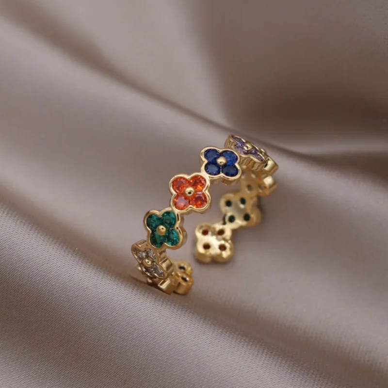 2024 French new design fashion jewelry 16K gold plated flower zircon open ring elegant women\'s daily work accessory